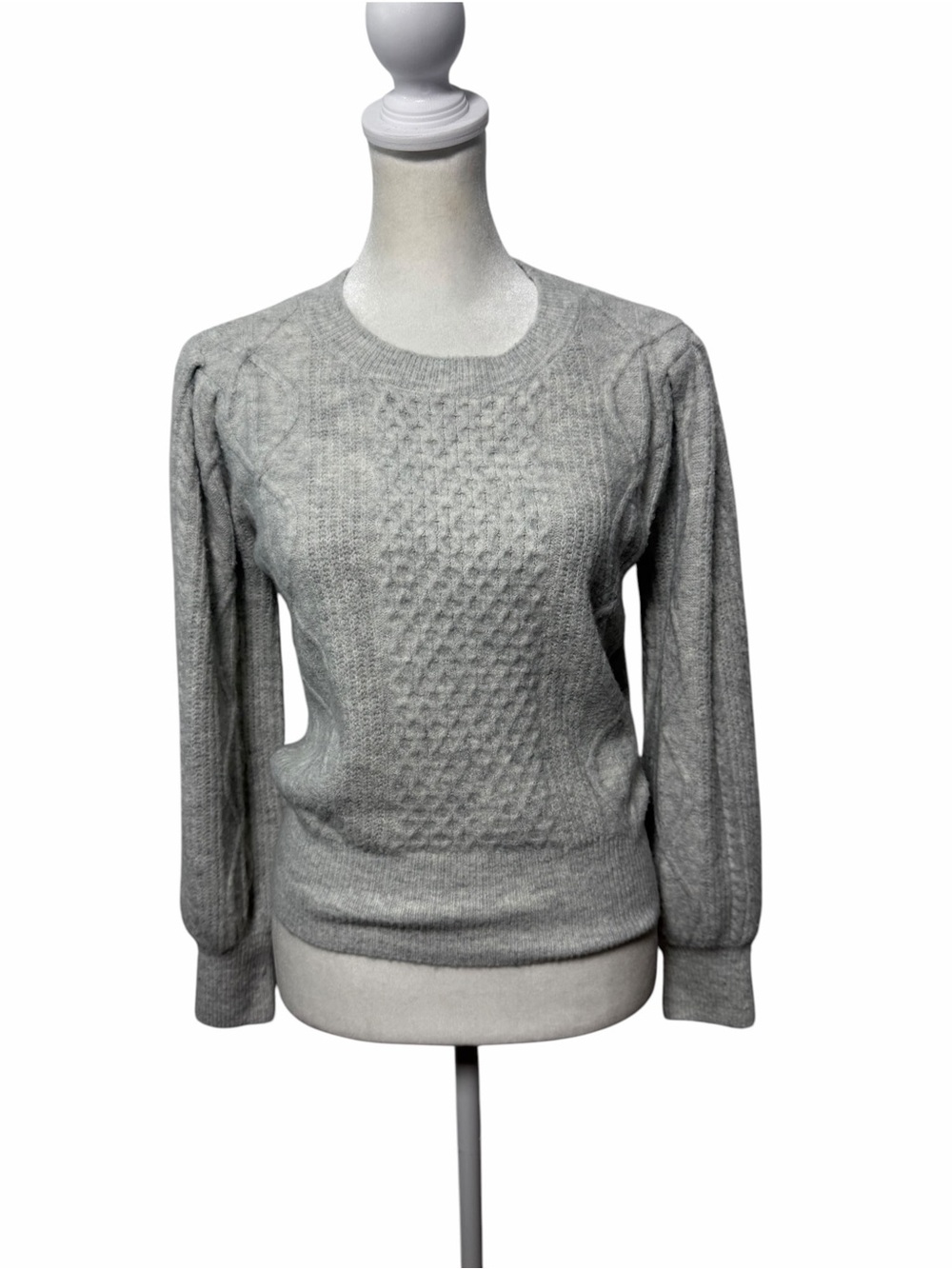 1.STATE Cable Knit Sweater Womens M Gray Puff Sleeve Crewneck Pullover